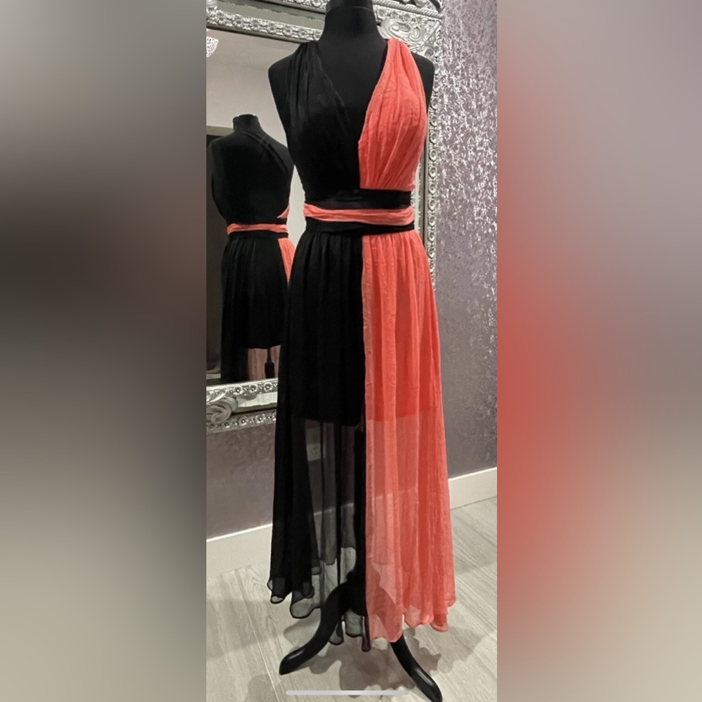 Daisy Brand Black and Coral Sheer Colorblock Dress